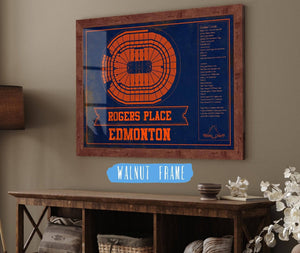 20" x 16" / Walnut Frame Cutler West Edmonton Oilers Team Colors - Rogers Place Vintage Hockey Blueprint NHL Print
