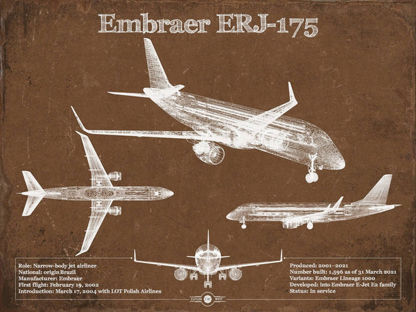 14" x 11" / Unframed Cutler West Embraer ERJ-175 Vintage Aviation Blueprint with Optional Custom Pilot aviation-2