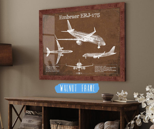 20" x 16" / Walnut Frame Cutler West Embraer ERJ-175 Vintage Aviation Blueprint with Optional Custom Pilot aviation-2