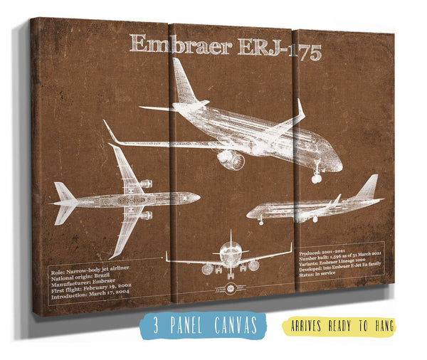 36" x 24" / 3 Panel Canvas Wrap Cutler West Embraer ERJ-175 Vintage Aviation Blueprint with Optional Custom Pilot aviation-2