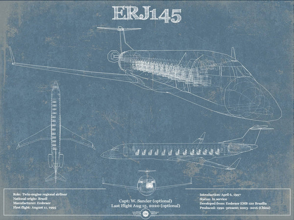 14" x 11" / Unframed Cutler West Embraer ERJ145 Vintage Aviation Blueprint with Optional Custom Pilot aviation-2