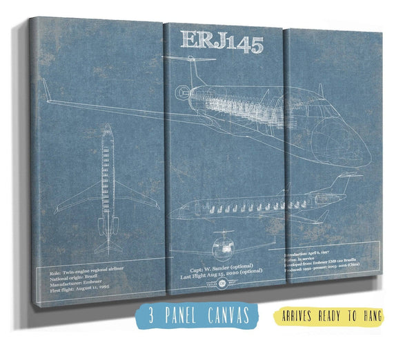 36" x 24" / 3 Panel Canvas Wrap Cutler West Embraer ERJ145 Vintage Aviation Blueprint with Optional Custom Pilot aviation-2