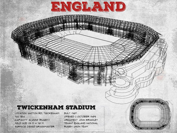 14" x 11" / Unframed Cutler West England Rugby - Vintage Twickenham Stadium Print
