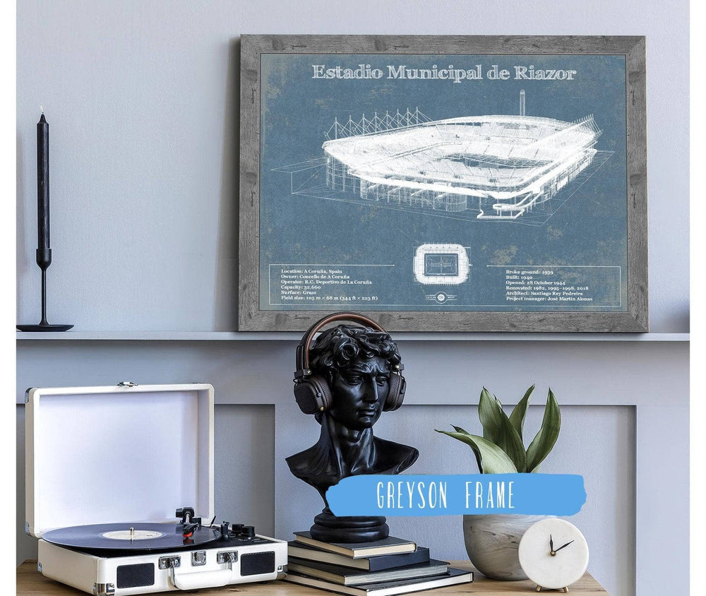 14" x 11" / Stretched Canvas Wrap Cutler West Estadio Municipal De Riazor Stadium Blueprint Vintage Soccer (Football) Print