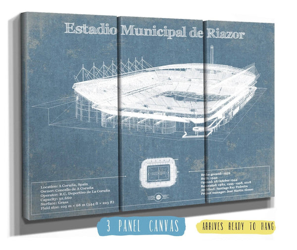 36" x 24" / 3 Panel Canvas Wrap Cutler West Estadio Municipal De Riazor Stadium Blueprint Vintage Soccer (Football) Print