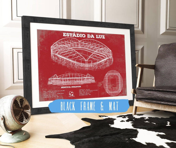 20" x 16" / Black Frame & Mat Cutler West Estudio do Sport Lisboa e Benfica (Benfica Stadium) Team Color - Portugal National Football Team Blueprint Vintage Soccer Print