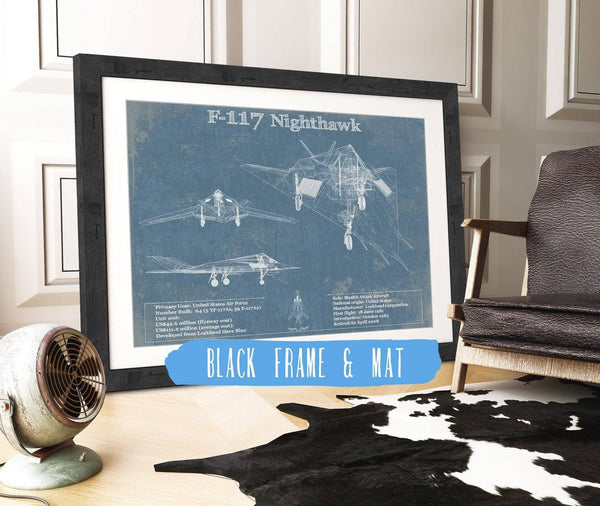 20" x 16" / Black Frame & Mat Cutler West F-117 Nighthawk Military Aircraft Patent - Blueprint Military Wall Art