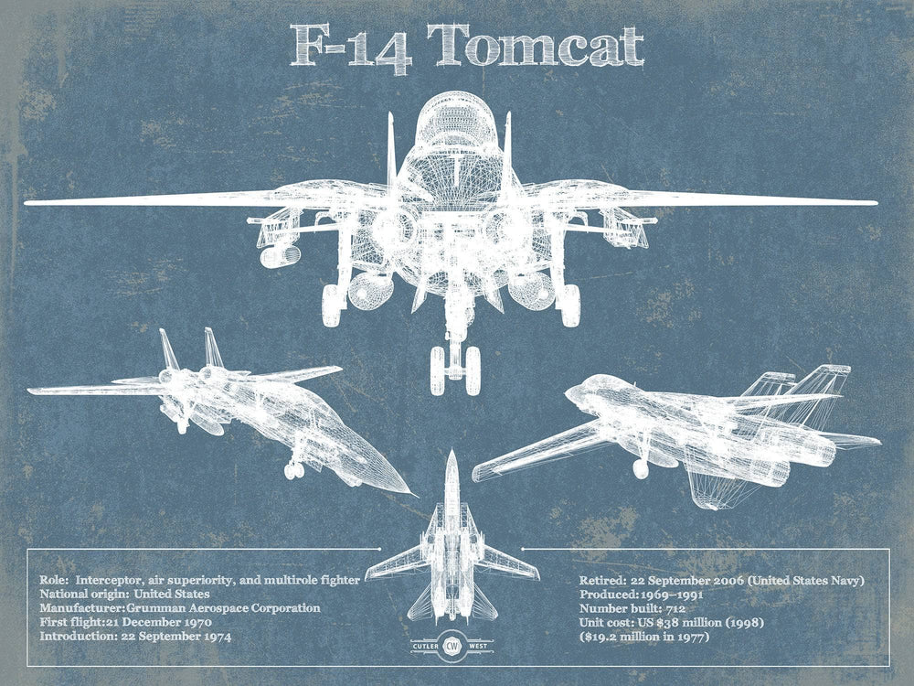 14" x 11" / Stretched Canvas Wrap Cutler West F-14 Tomcat Vintage Aviation Blueprint Military Print