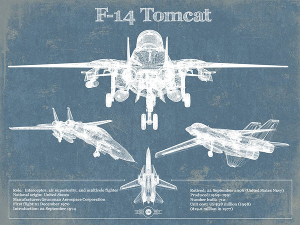 14" x 11" / Unframed Cutler West F-14 Tomcat Vintage Aviation Blueprint Military Print