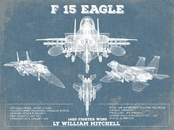 Cutler West F-15 Eagle Vintage Aviation Blueprint Military Print - Custom Name and Squadron Text