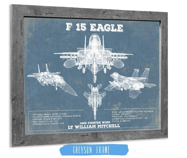 14" x 11" / Greyson Frame Cutler West F-15 Eagle Vintage Aviation Blueprint Military Print - Custom Name and Squadron Text