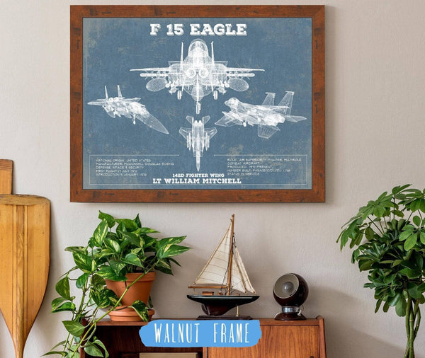 20" x 16" / Walnut Frame Cutler West F-15 Eagle Vintage Aviation Blueprint Military Print - Custom Name and Squadron Text