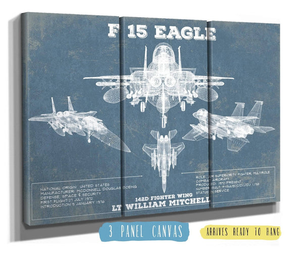 36" x 24" / 3 Panel Canvas Wrap Cutler West F-15 Eagle Vintage Aviation Blueprint Military Print - Custom Name and Squadron Text