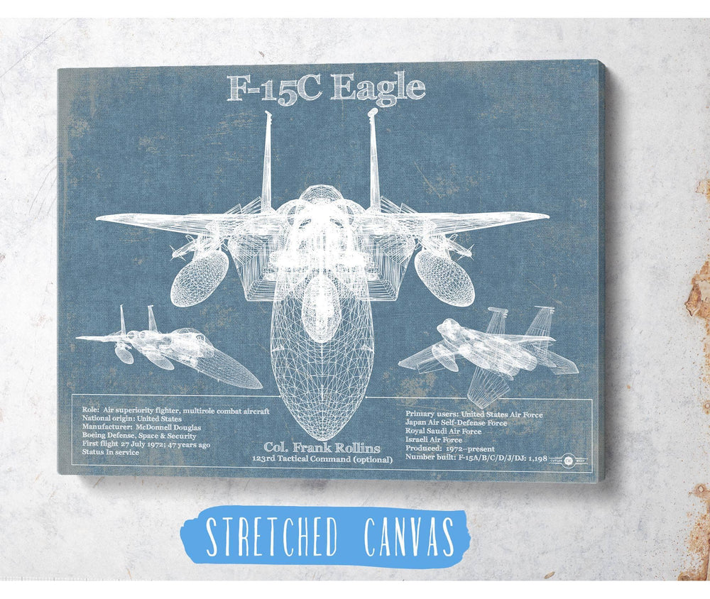 14" x 11" / Stretched Canvas Wrap Cutler West F-15C Eagle Vintage Aviation Blueprint Military Print - Custom Name and Squadron Text