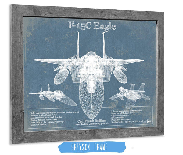 14" x 11" / Greyson Frame Cutler West F-15C Eagle Vintage Aviation Blueprint Military Print - Custom Name and Squadron Text