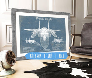 14" x 11" / Greyson Frame & Mat Cutler West F-15C Eagle Vintage Aviation Blueprint Military Print - Custom Name and Squadron Text