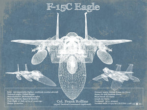 14" x 11" / Unframed Cutler West F-15C Eagle Vintage Aviation Blueprint Military Print - Custom Name and Squadron Text