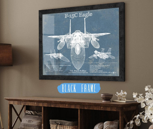 20" x 16" / Black Frame Cutler West F-15C Eagle Vintage Aviation Blueprint Military Print - Custom Name and Squadron Text