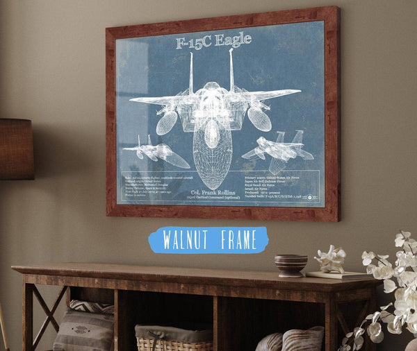 20" x 16" / Walnut Frame Cutler West F-15C Eagle Vintage Aviation Blueprint Military Print - Custom Name and Squadron Text