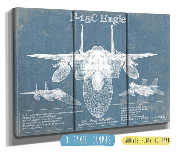 36" x 24" / 3 Panel Canvas Wrap Cutler West F-15C Eagle Vintage Aviation Blueprint Military Print - Custom Name and Squadron Text