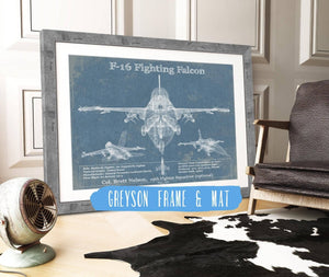14" x 11" / Greyson Frame & Mat Cutler West F-16 Aircraft Patent Blueprint Original Military Wall Art