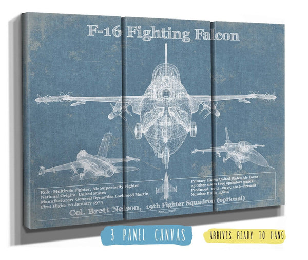 36" x 24" / 3 Panel Canvas Wrap Cutler West F-16 Aircraft Patent Blueprint Original Military Wall Art