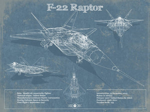 14" x 11" / Unframed Cutler West F-22 Raptor Aviation Blueprint Military Print - Custom Name and Squadron Text