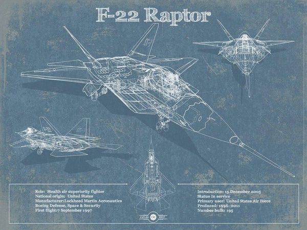 14" x 11" / Unframed Cutler West F-22 Raptor Aviation Blueprint Military Print - Custom Name and Squadron Text