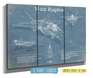 36" x 24" / 3 Panel Canvas Wrap Cutler West F-22 Raptor Aviation Blueprint Military Print - Custom Name and Squadron Text