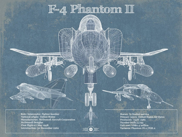 14" x 11" / Unframed Cutler West F-4 Phantom II Aircraft Blueprint Original Military Wall Art
