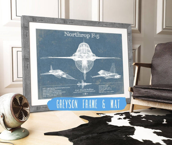 14" x 11" / Greyson Frame & Mat Cutler West F-5 Tiger Jet Vintage Aviation Blueprint Military Print