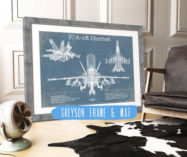 14" x 11" / Greyson Frame & Mat Cutler West F/A-18 Hornet Blueprint Original Military Wall Art
