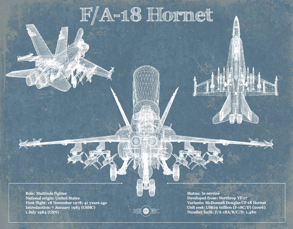 14" x 11" / Stretched Canvas Wrap Cutler West F/A-18 Hornet Blueprint Original Military Wall Art