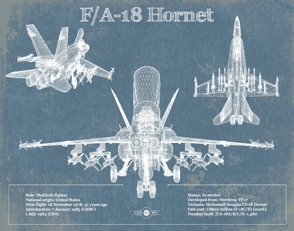 14" x 11" / Unframed Cutler West F/A-18 Hornet Blueprint Original Military Wall Art