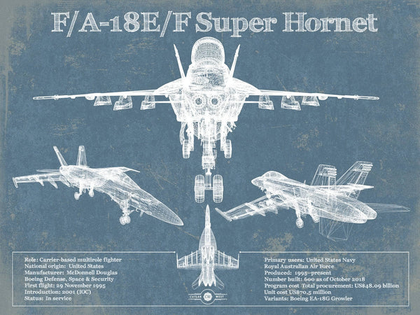 14" x 11" / Unframed Cutler West F/A-18F Super Hornet Patent Blueprint Original Military Wall Art