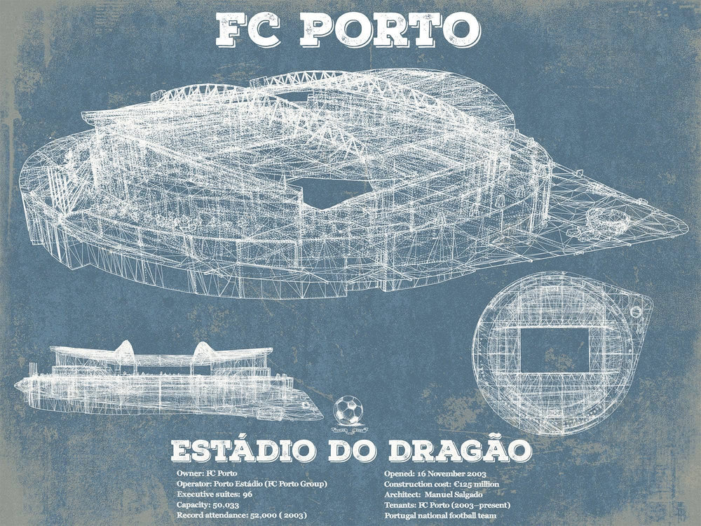 14" x 11" / Stretched Canvas Wrap Cutler West F.C. Porto Estadio Do Dragao Stadium Blueprint Vintage Soccer Print