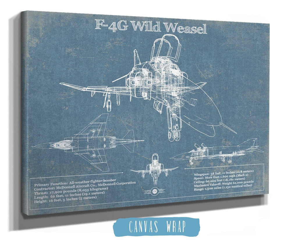 14" x 11" / Stretched Canvas Wrap Cutler West F4-G Wild Weasel Patent Blueprint Original Military Wall Art