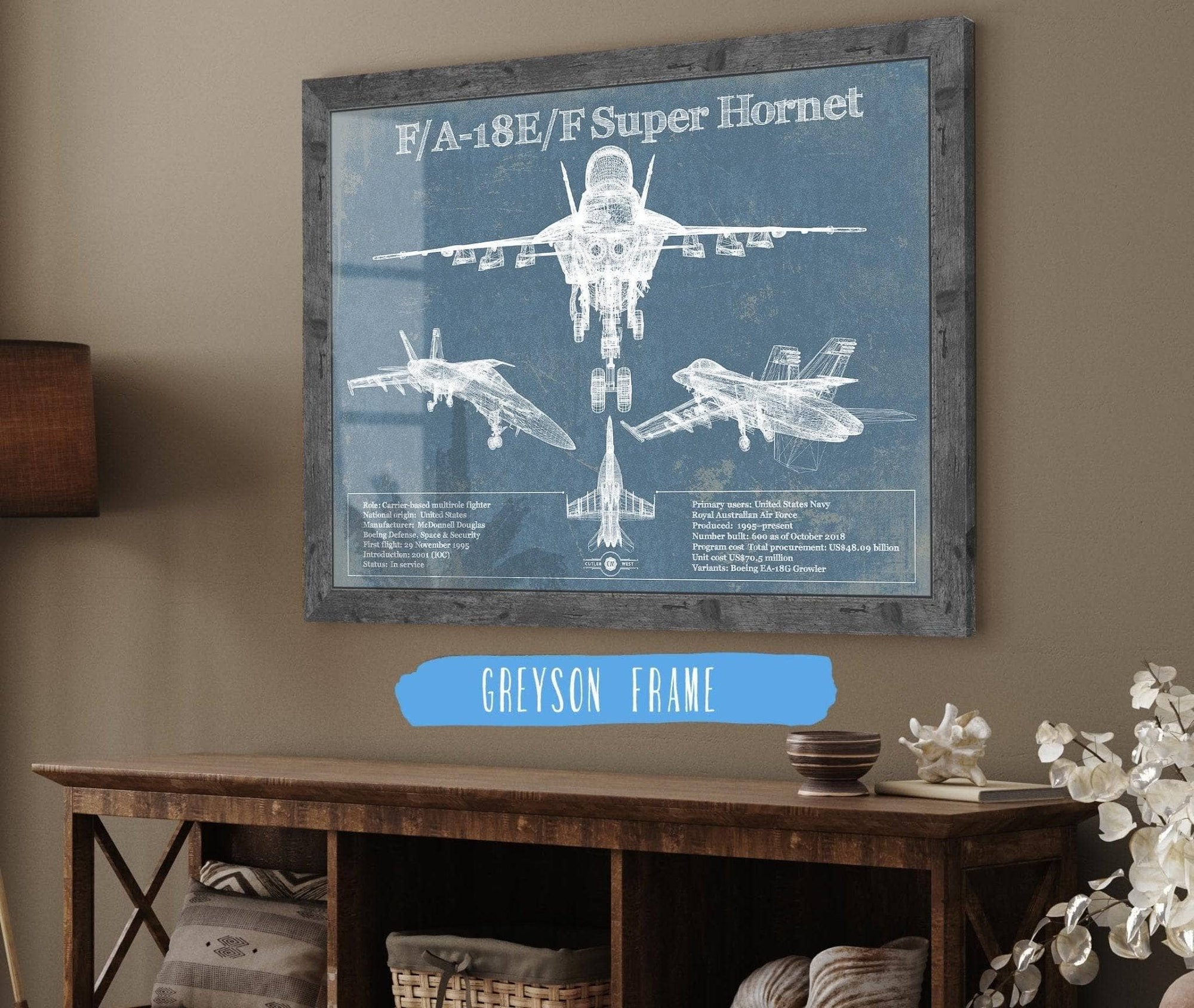 Cutler West Military Aircraft F/A-18 Hornet Blueprint Original Military Wall Art