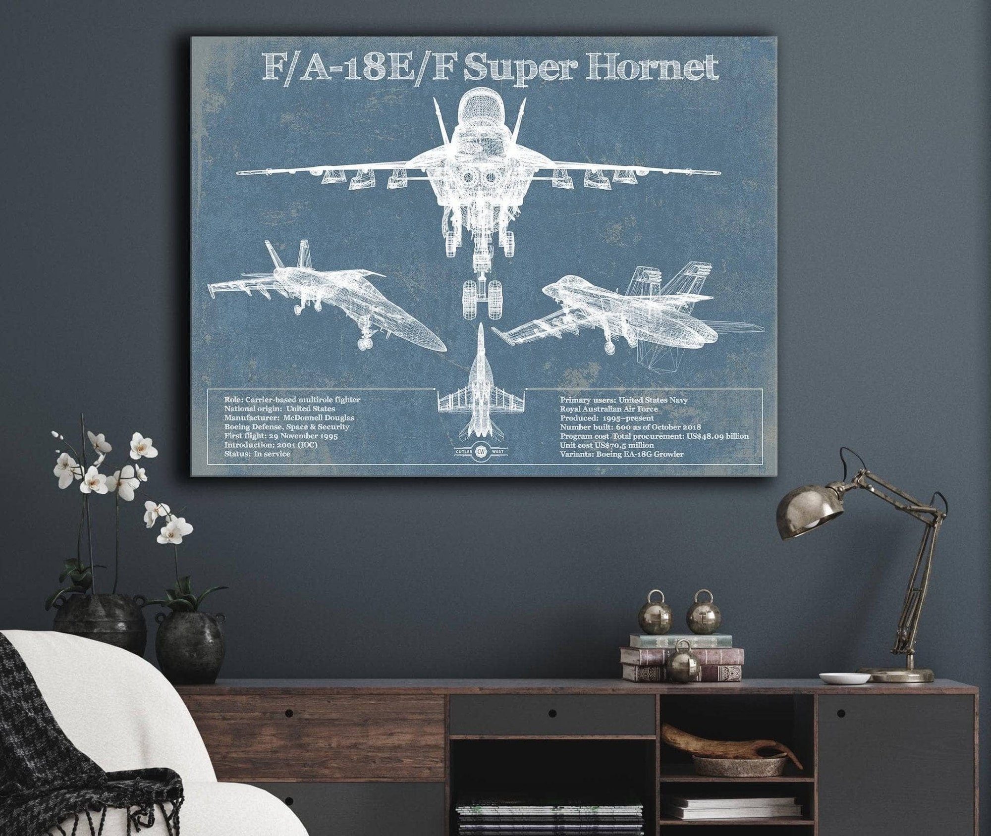 Cutler West Military Aircraft F/A-18 Hornet Blueprint Original Military Wall Art