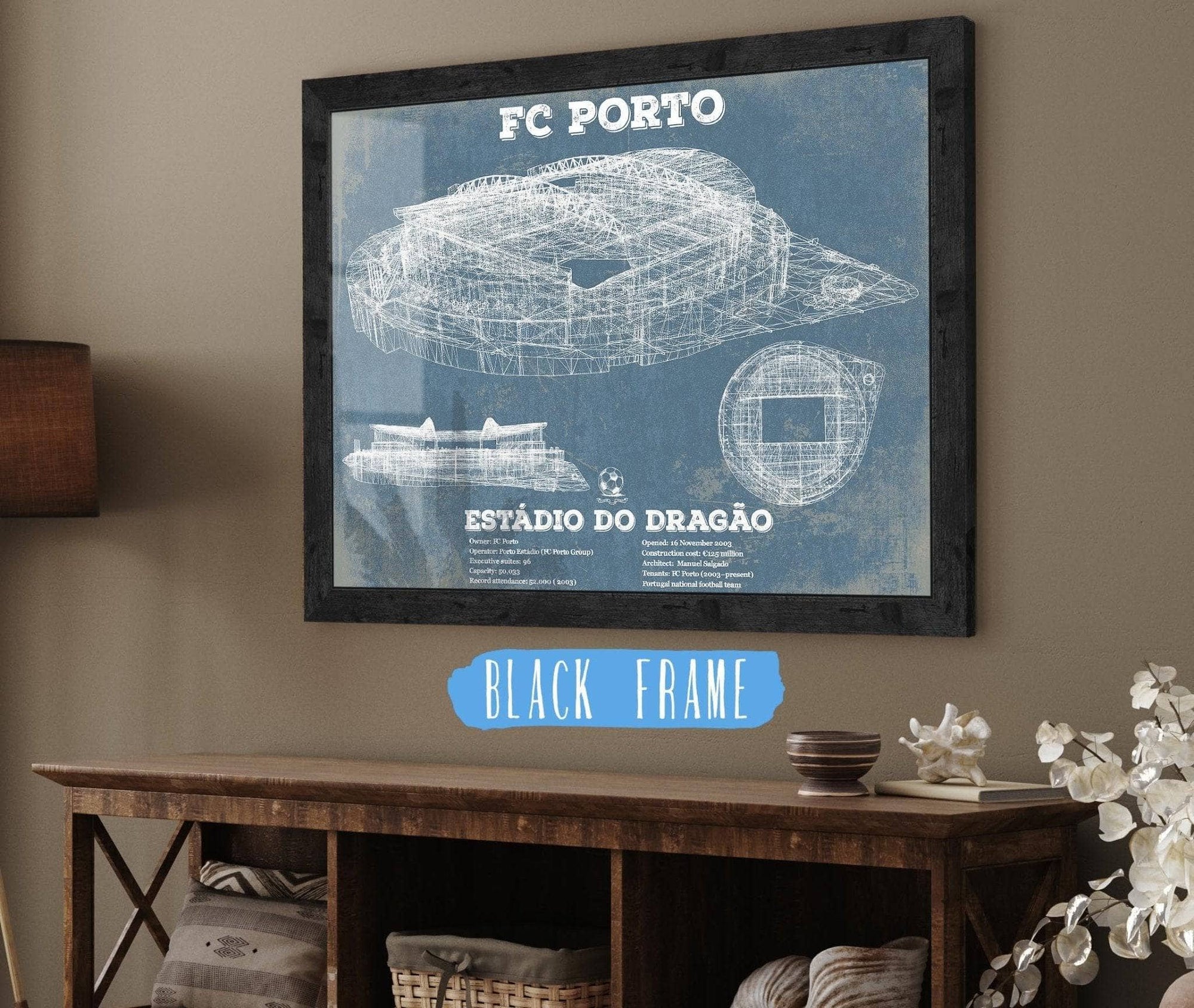 Cutler West Soccer Collection 14" x 11" / Black Frame F.C. Porto Estadio Do Dragao Stadium Blueprint Vintage Soccer Print 845000147_62070