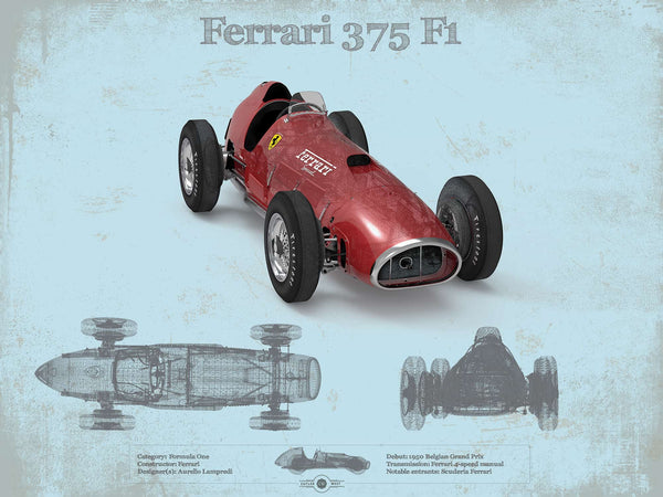 14" x 11" / Unframed Cutler West Ferrari 375 Formula One Blueprint Vintage Auto Print