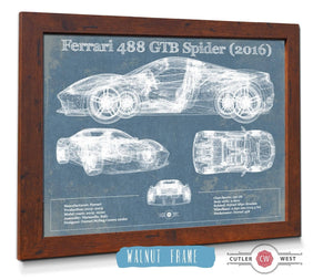 20" x 16" / Walnut Frame Cutler West Ferrari 488 GTB Spider (2016) Blueprint Vintage Auto Print