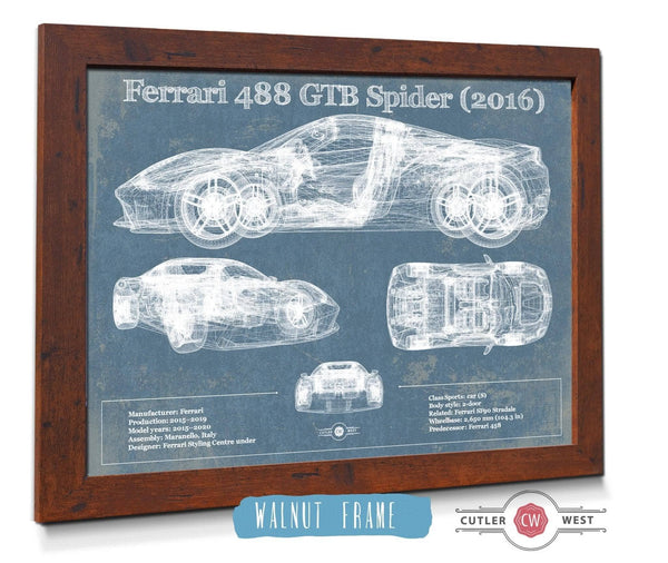 20" x 16" / Walnut Frame Cutler West Ferrari 488 GTB Spider (2016) Blueprint Vintage Auto Print