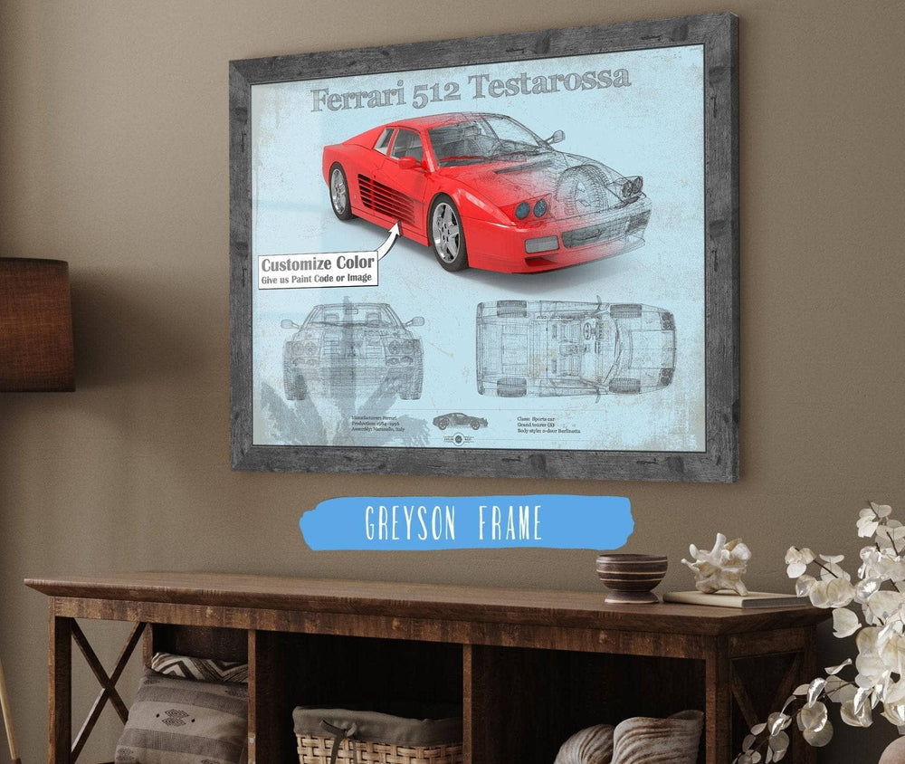14" x 11" / Stretched Canvas Wrap Cutler West Ferrari 512 Testarossa Blueprint Vintage Auto Print