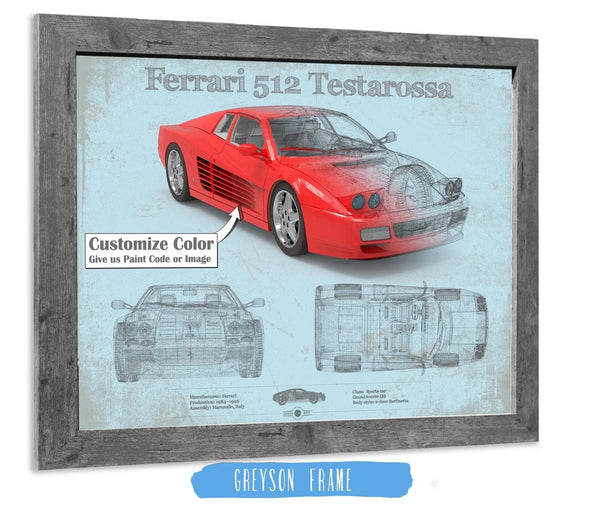 14" x 11" / Greyson Frame Cutler West Ferrari 512 Testarossa Blueprint Vintage Auto Print