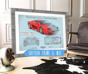 14" x 11" / Greyson Frame & Mat Cutler West Ferrari 512 Testarossa Blueprint Vintage Auto Print