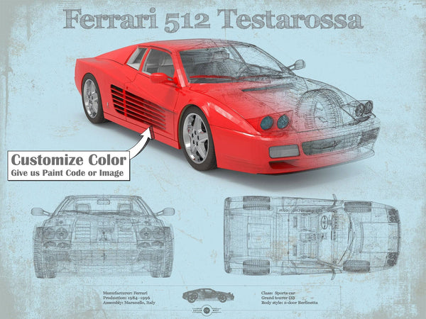 14" x 11" / Unframed Cutler West Ferrari 512 Testarossa Blueprint Vintage Auto Print