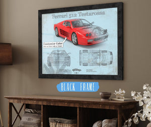 20" x 16" / Black Frame Cutler West Ferrari 512 Testarossa Blueprint Vintage Auto Print