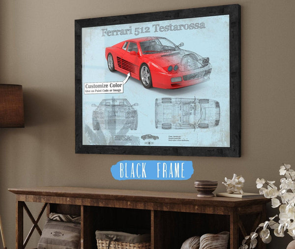 20" x 16" / Black Frame Cutler West Ferrari 512 Testarossa Blueprint Vintage Auto Print