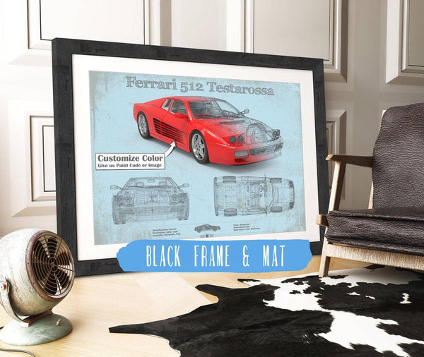 20" x 16" / Black Frame & Mat Cutler West Ferrari 512 Testarossa Blueprint Vintage Auto Print